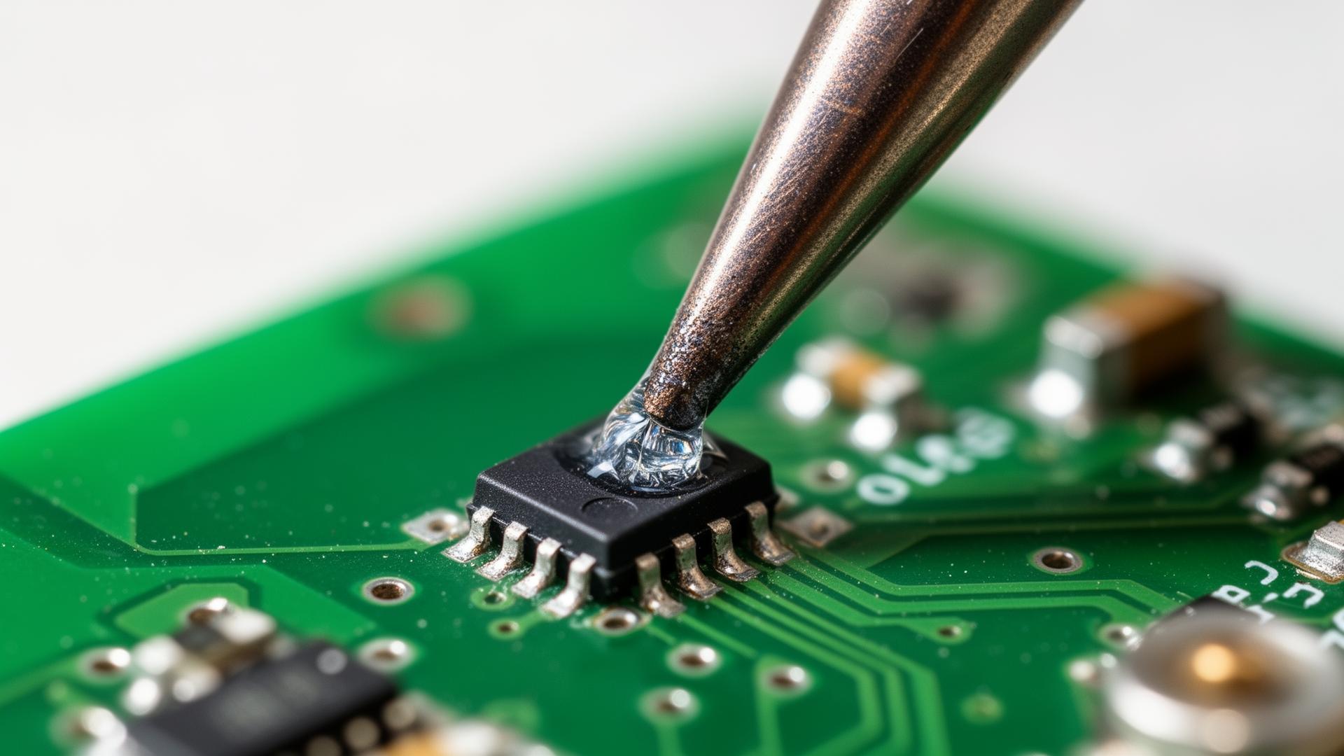 An opened automotive control module beside its PCB, soldering iron resting on its stand